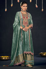 Load image into Gallery viewer, Viscose Velvet Heavy Embroidered Palazzo Salwar Kameez In Cyan Color