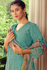 Load image into Gallery viewer, Cyan Pure Muslin Shimmer Digital Print Straight Cut Suit