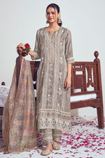 Load image into Gallery viewer, Pure Moga Silk Embroidery And Batik Print Dark Beige Long Straight Cut Suit