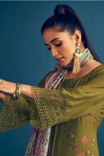 Load image into Gallery viewer, Pure Muga Silk Green Color Borer Embroidered Unstitched Salwar Suit Set