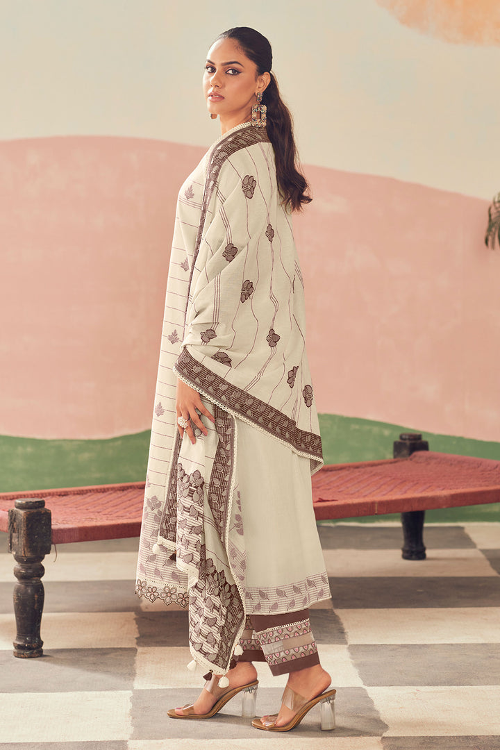 Beige Pure Cotton Jacquard Embroidery Work Salwar Suit