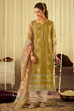 Load image into Gallery viewer, Brown Pure Muslin Lucknowi Embroidery Straight Cut Salwar Kameez Set