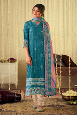Load image into Gallery viewer, Pure Muslin Lucknowi Embroidery Work Straight Cut Salwar Suit In Teal Color