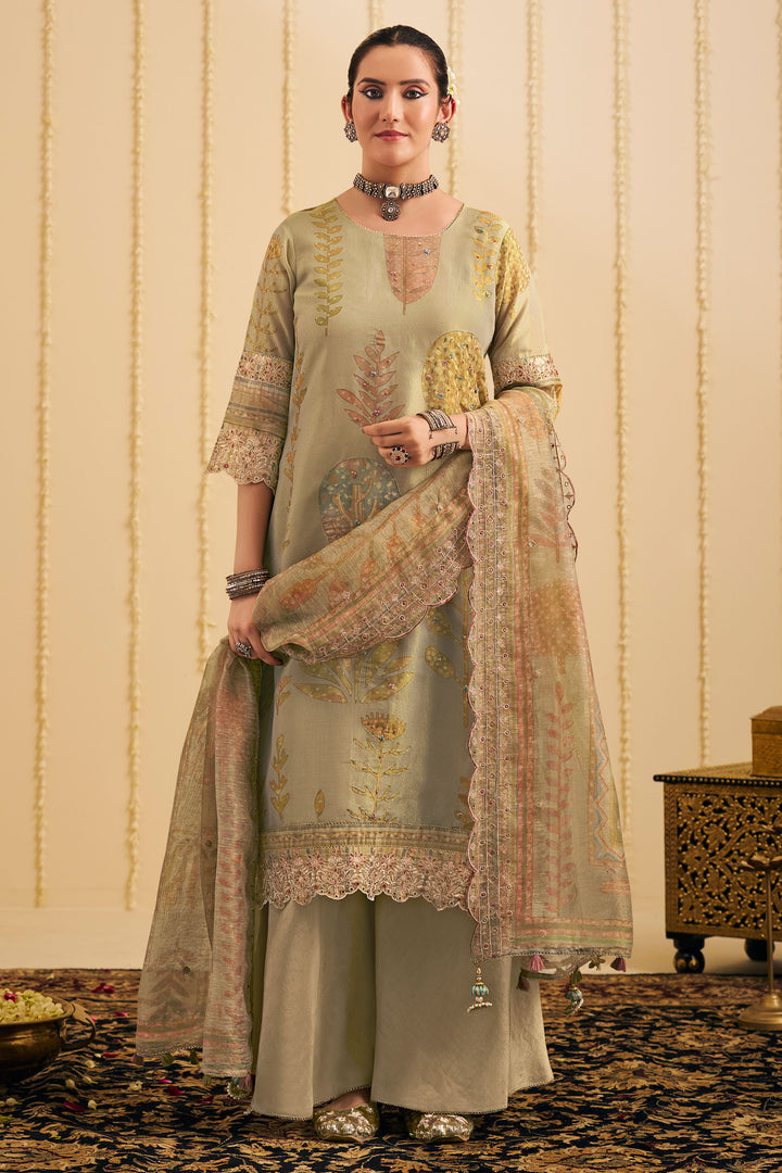 Designer Beige Pure Tissue Silk Digital Print Palazzo Salwar Suit