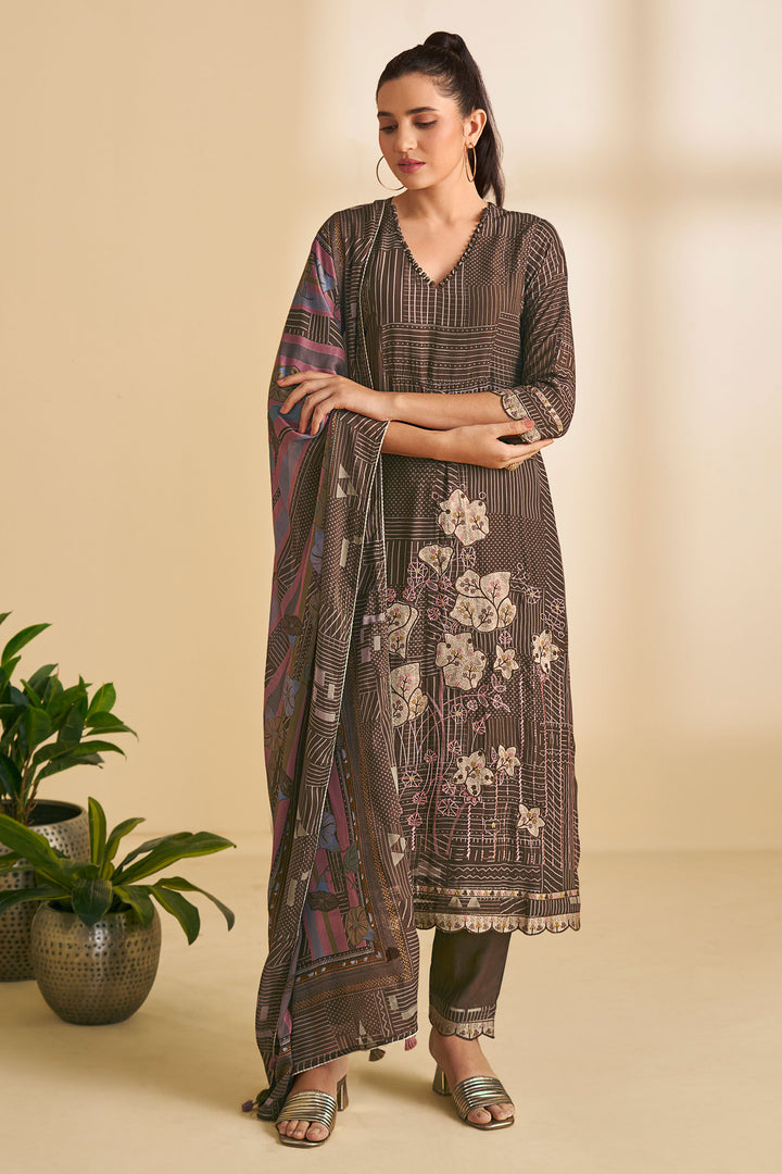 Brown Pure Heavy Burberry Checks Digital Print With Embroidery Work Dress