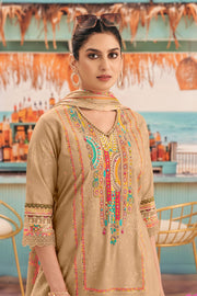 Designer Cream Cotton Party Wear Salwar Suit With Handwork Embroidery And Mal Mal Dupatta