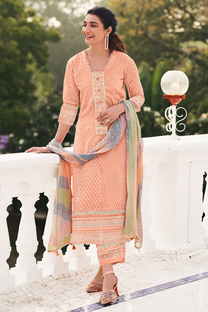 Peach Color Pure Organdy Block Print Straight Cut Suit