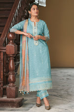 Load image into Gallery viewer, Sky Blue Pure Organdy Block Print Straight Cut Dress