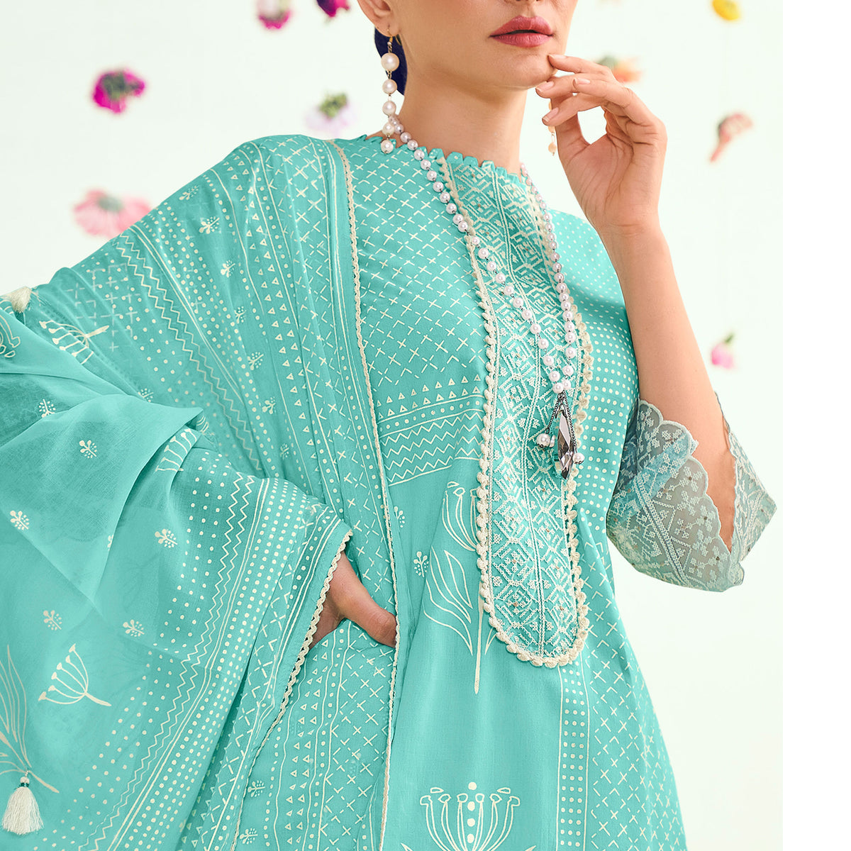 Cyan Real Net Palazzo Suit with Top, Pant, Dupatta main image 0