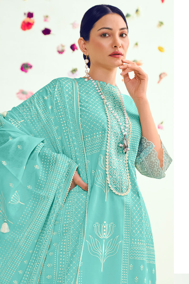 Pure Cotton Palazzo Suit In Cyan Color