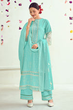 Load image into Gallery viewer, Pure Cotton Palazzo Suit In Cyan Color