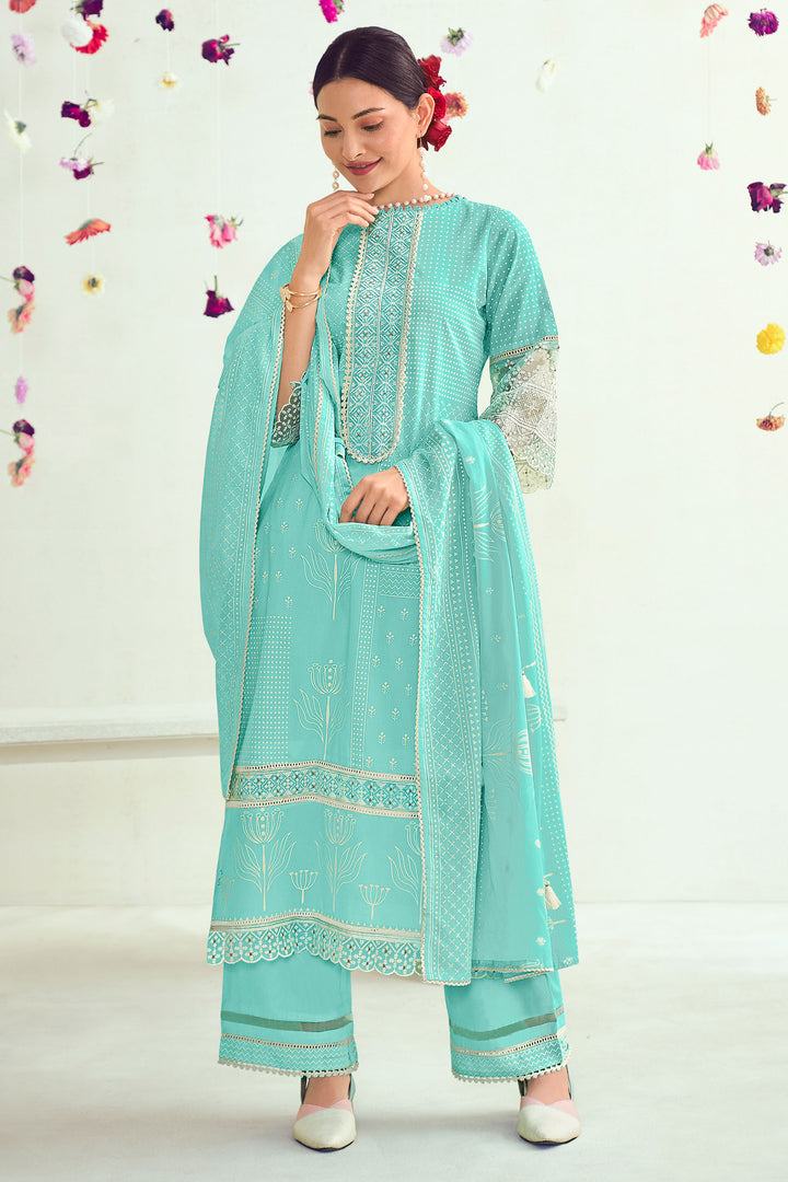 Pure Cotton Palazzo Suit In Cyan Color