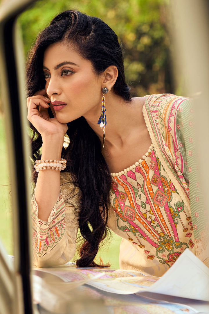 Beige Pure Mal Mal Cotton Embroidered Digital Print Designer Suit