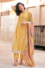 Load image into Gallery viewer, Mustard Pure Muslin Shimmer Digital Print Straight Cut Dress