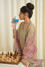 Load image into Gallery viewer, Beige Color Pure Muslin Silk Fancy Embroidery Digital Print Designer Long Salwar Kameez