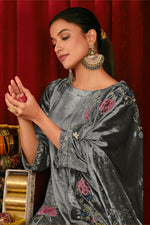 Load image into Gallery viewer, Grey Pure Viscose Velvet Fancy Embroidered Disigner Salwar Suit
