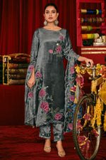 Load image into Gallery viewer, Grey Pure Viscose Velvet Fancy Embroidered Disigner Salwar Suit