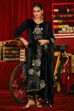 Load image into Gallery viewer, Black Pure Viscose Velvet Fancy Embroidered Disigner Suit