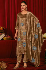 Load image into Gallery viewer, Brown Pure Viscose Velvet Fancy Embroidered Disigner Dress