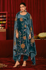 Load image into Gallery viewer, Pure Viscose Velvet Fancy Embroidered Disigner Salwar Kameez In Teal Color