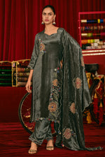Load image into Gallery viewer, Pure Viscose Velvet Embroidered Salwar Suit In Grey Color