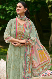 Elegant Sea Green Cotton Straight Cut Suit With Printed Dupatta