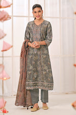 Load image into Gallery viewer, Pure Shimmer Jacquard Silk Digital Print Straight Cut Salwar Kameez In Grey Color