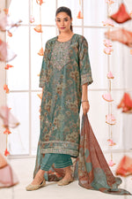 Load image into Gallery viewer, Pure Shimmer Jacquard Silk Cyan Digital Print Straight Cut Salwar Suit