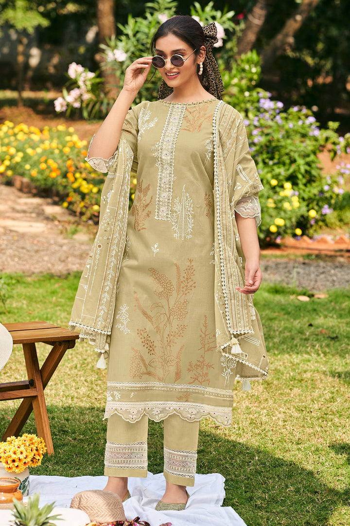 Beige Pure Organdy Block Print Salwar Kameez