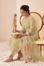 Load image into Gallery viewer, Pure Lilan Khadi Block Print With Embroidery Work Designer Long Straight Cut Salwar Kameez In Beige Color