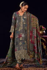 Load image into Gallery viewer, Classic Grey Color Digital Printed Muslin Jacquard silk Salwar Suit