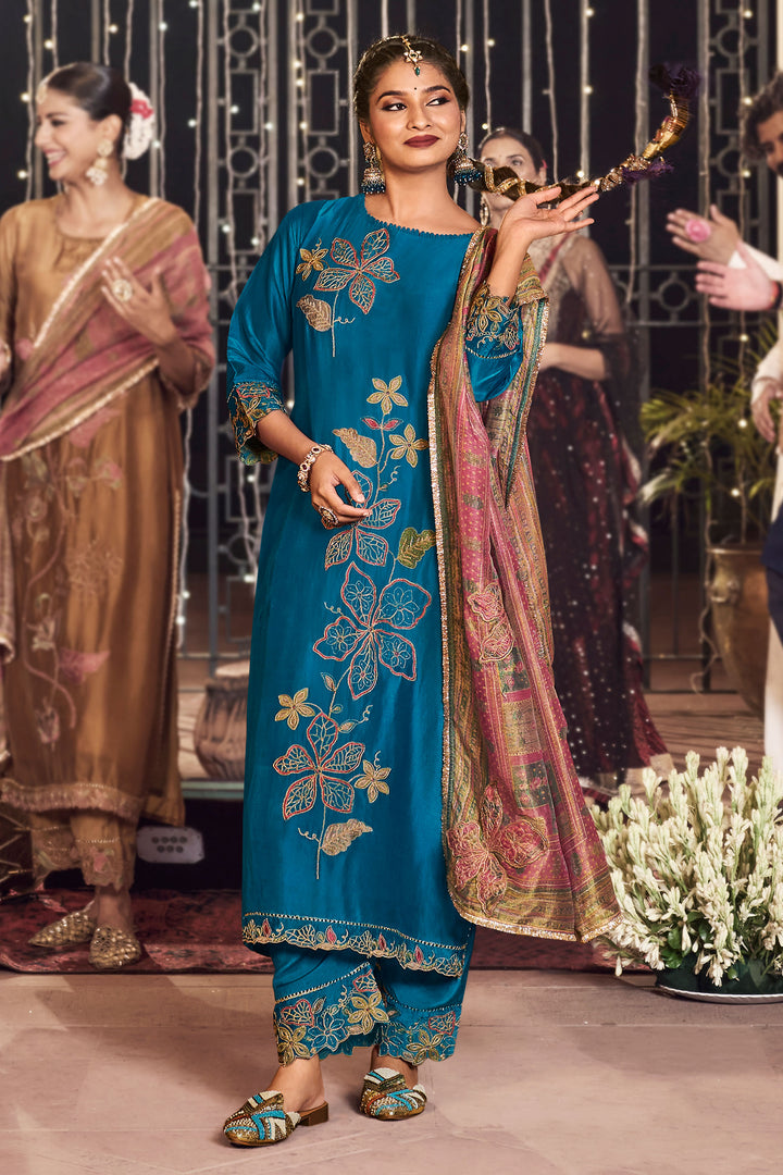 Blue Pure Otta Silk Dyed With Fancy Placement Embroidery Work Dress