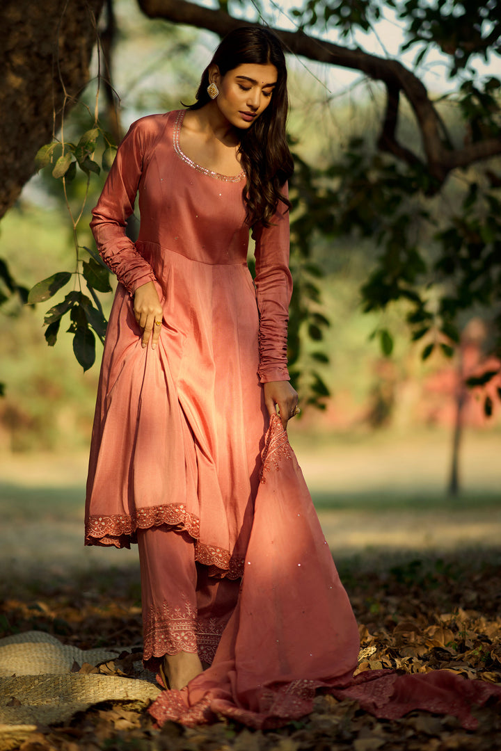 Rust Color Muslin Zari Kalidaar Suit