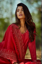 Load image into Gallery viewer, Red Muslin Zari Long Kurta Set With Embroidered Dupatta