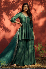 Load image into Gallery viewer, Green Short Peplum Top With Umbrella Palazzo