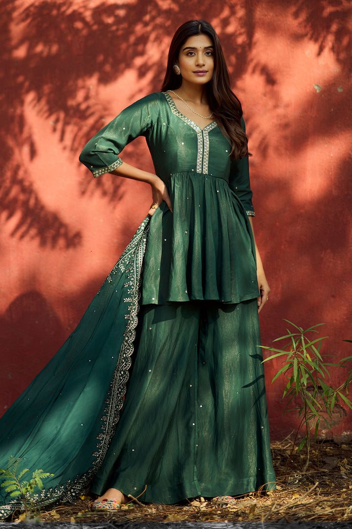 Green Short Peplum Top With Umbrella Palazzo