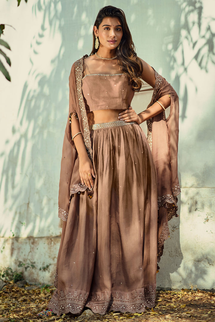 Brown Muslin Zari Heavy Border Skirt 3Pc Set