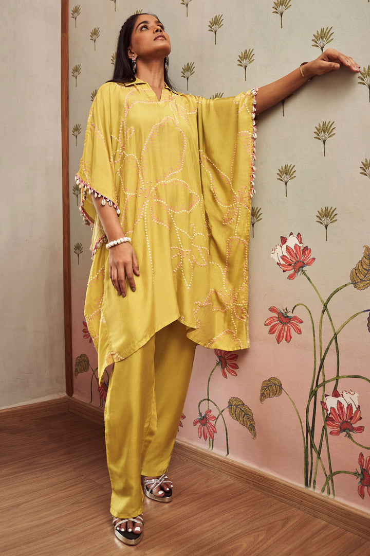 Lime Green Color Muslin Fabric Kaftan Style Co-Ord Set