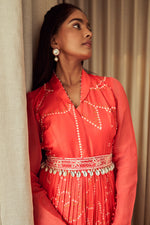 Load image into Gallery viewer, Red Russian Shawl Collar Gown With Heavy Hand Work Belt