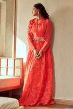 Load image into Gallery viewer, Red Russian Shawl Collar Gown With Heavy Hand Work Belt