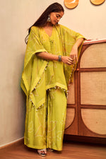 Load image into Gallery viewer, Lime Green Russian 3 Piece V Neck Kaftan Jacket With Palazzo Pant
