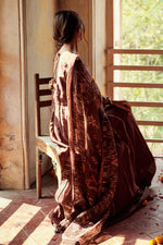 Load image into Gallery viewer, Brown Russian Designer Gown With Swan Printed Dupatta