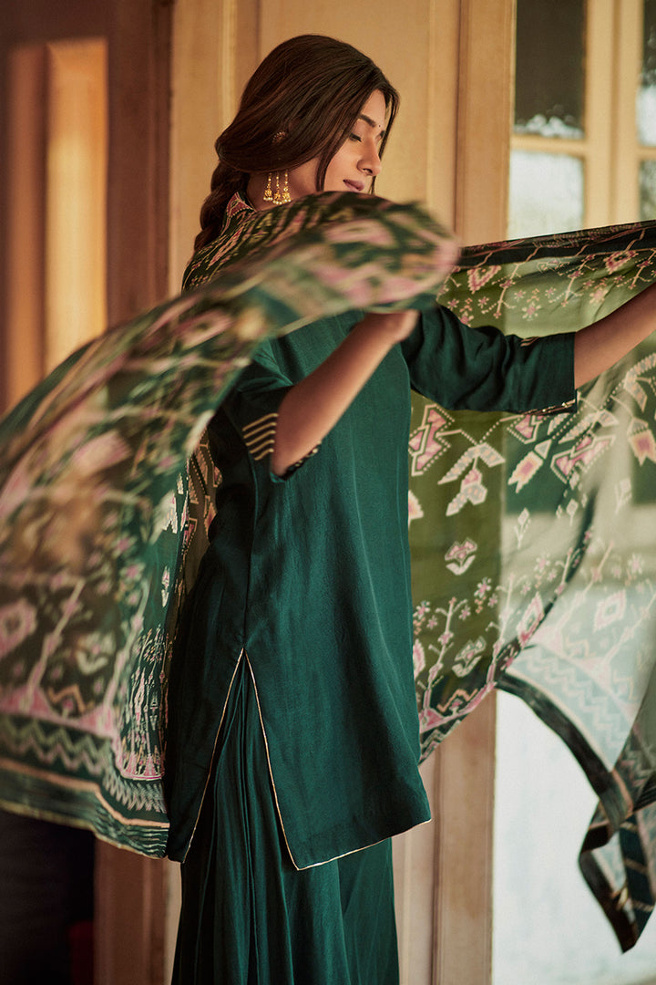 Green Russian 3 Piece Umbrella Style Gharara Set With Printed Dupatta