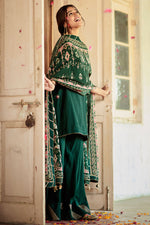 Load image into Gallery viewer, Green Russian 3 Piece Umbrella Style Gharara Set With Printed Dupatta