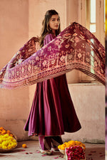 Load image into Gallery viewer, Dark Purple Russian Wide Boat Neck Anarkali Style Suit With Organza Dupatta