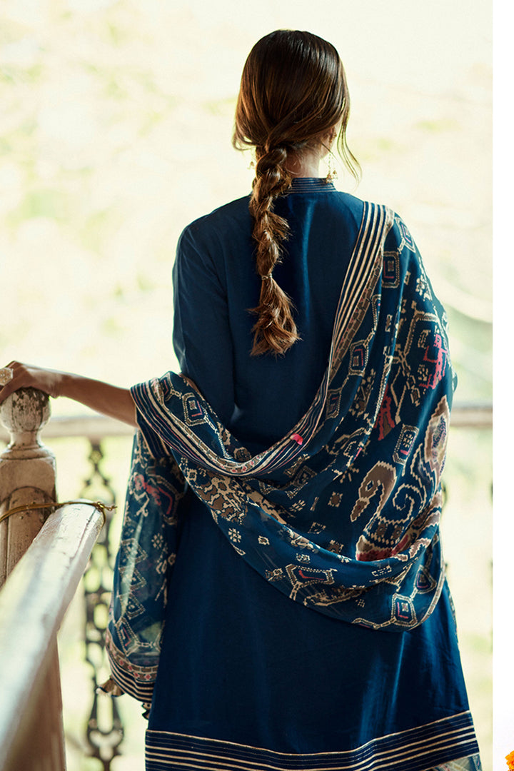 Royal Blue Russian Zari Mandarin Collar A Line Kurta With Dhoti Style Pant