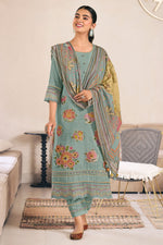 Load image into Gallery viewer, Light Cyan Pure Mal Jacquard Brush Paint With Embroidered Designer Salwar Suit