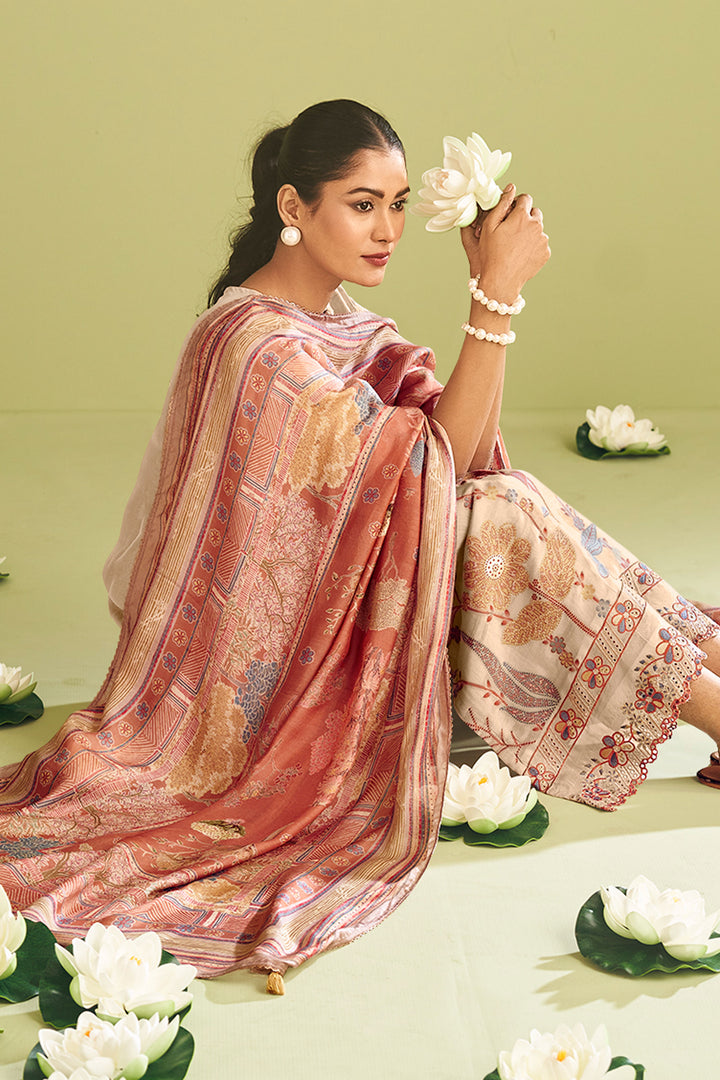 Beige Pure Tissue Jacquard With Fancy Embroidery Designer Long Suit