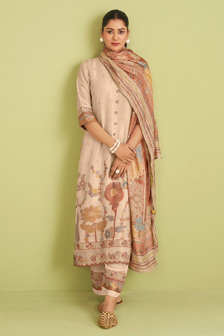 Beige Pure Tissue Jacquard With Fancy Embroidery Designer Long Suit