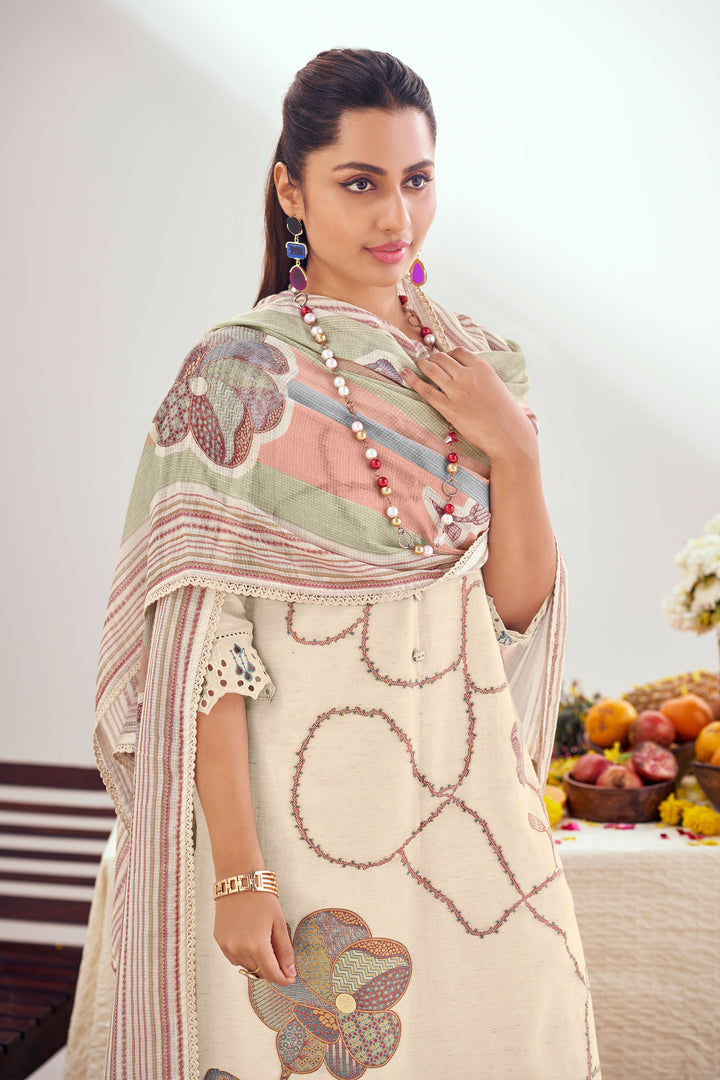 Beige Pure Linen Jacquard Fancy Embroidered Straight Cut Salwar Kameez
